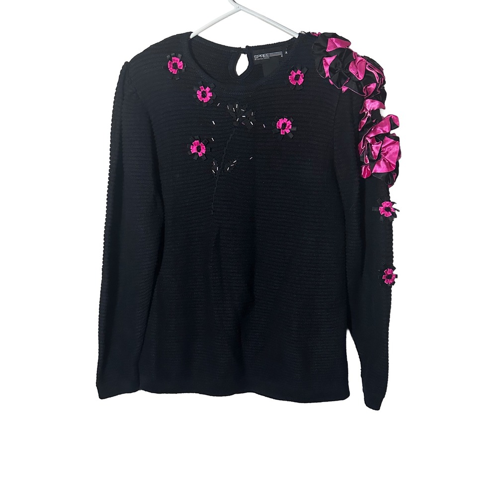 Spree International Vintage Black Pink Floral Applique Beaded Knit Sweater M